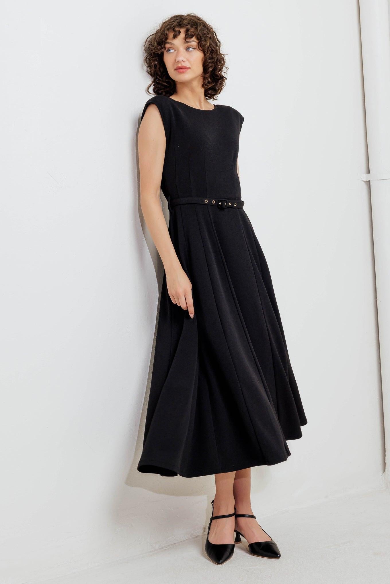 Modern Mona Woven Midi Dress in black, view 3 — Soul Flow Apparel