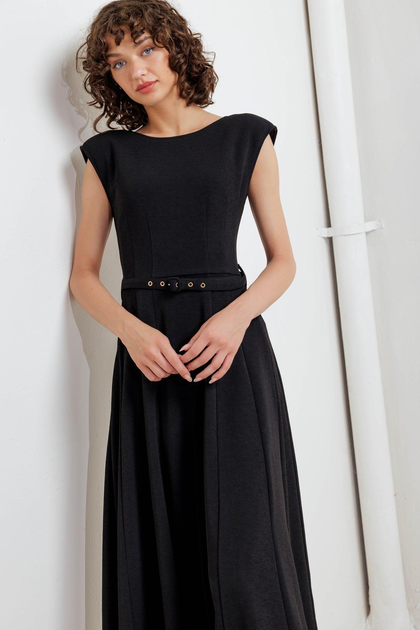 Modern Mona Woven Midi Dress in black, view 4 — Soul Flow Apparel