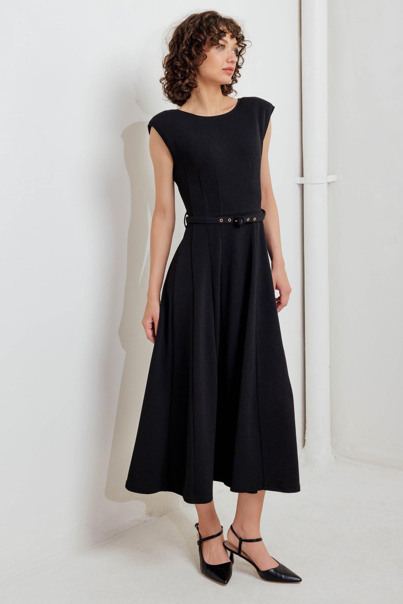Modern Mona Woven Midi Dress in black, view 5 — Soul Flow Apparel