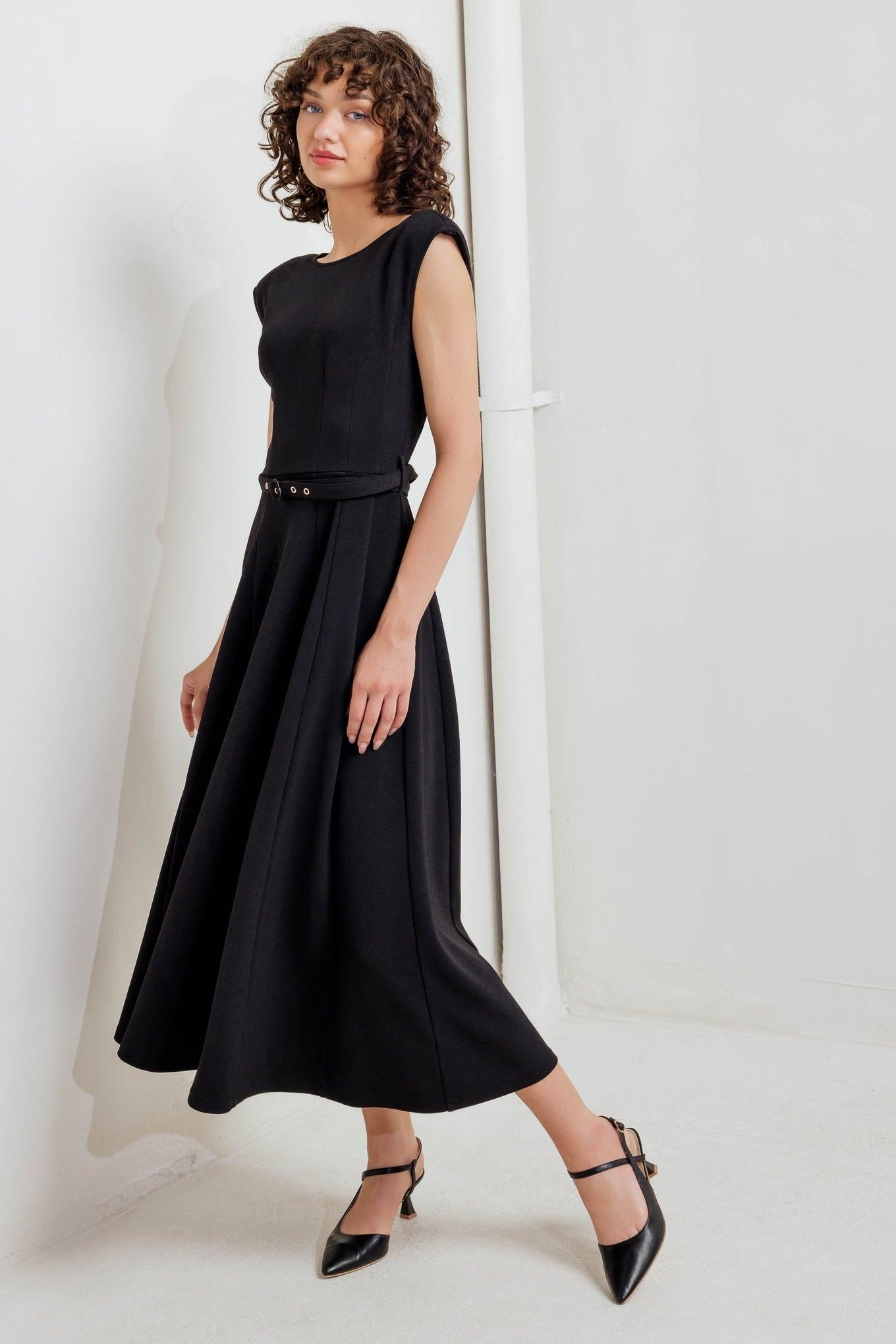Modern Mona Woven Midi Dress in black, view 7 — Soul Flow Apparel