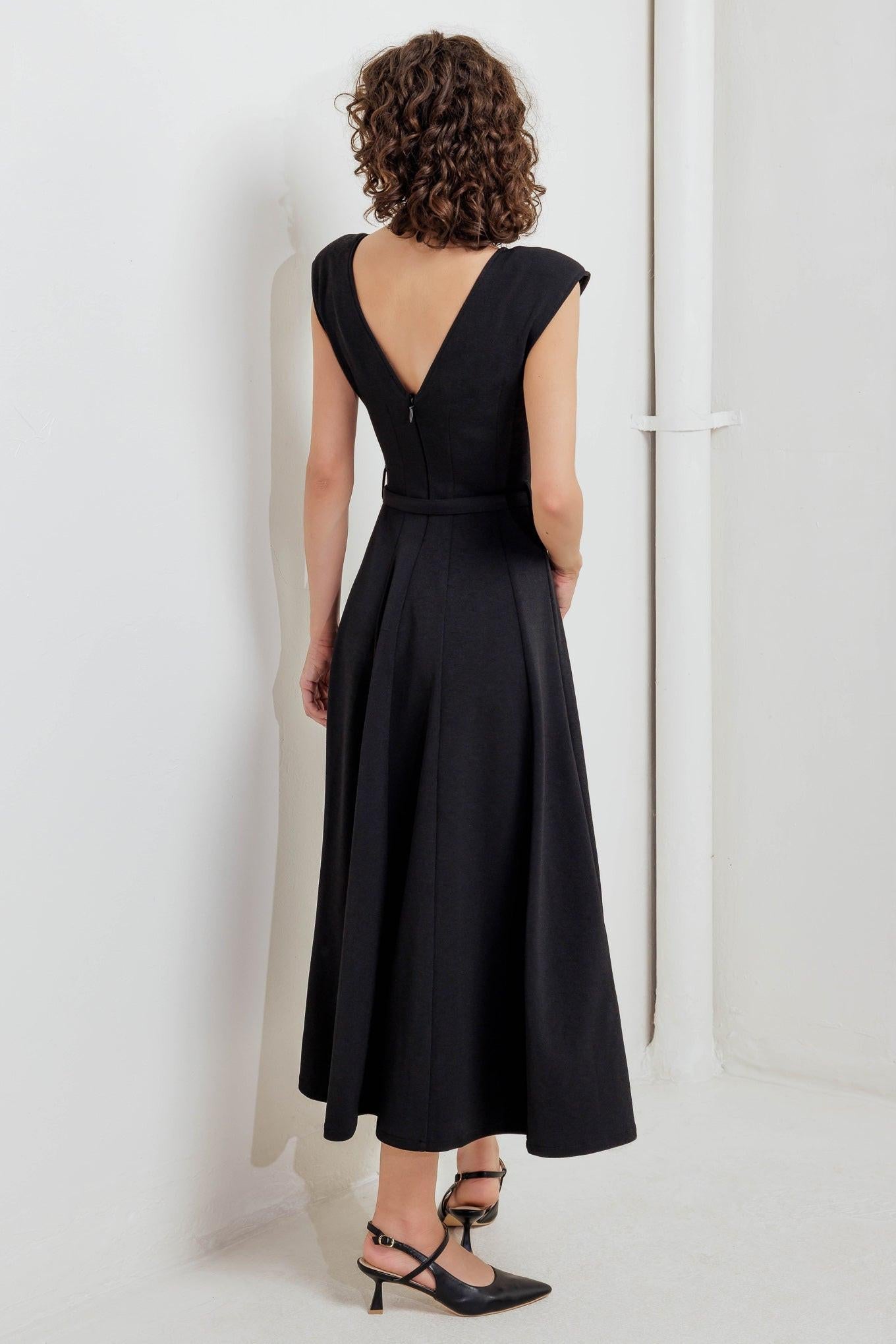 Modern Mona Woven Midi Dress in black, view 8 — Soul Flow Apparel