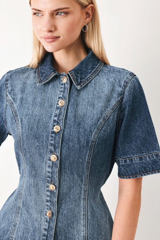 Power In Denim Mini Dress in indigo, view 2 — Soul Flow Apparel
