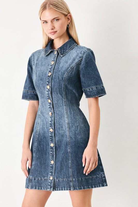 Power In Denim Mini Dress in indigo, view 3 — Soul Flow Apparel