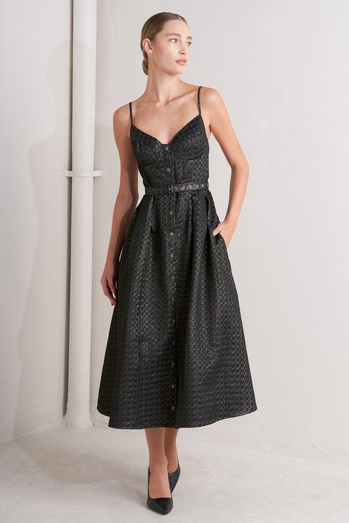 Noir Tapestry Woven Midi Dress in navy gold, view 1 — Soul Flow Apparel