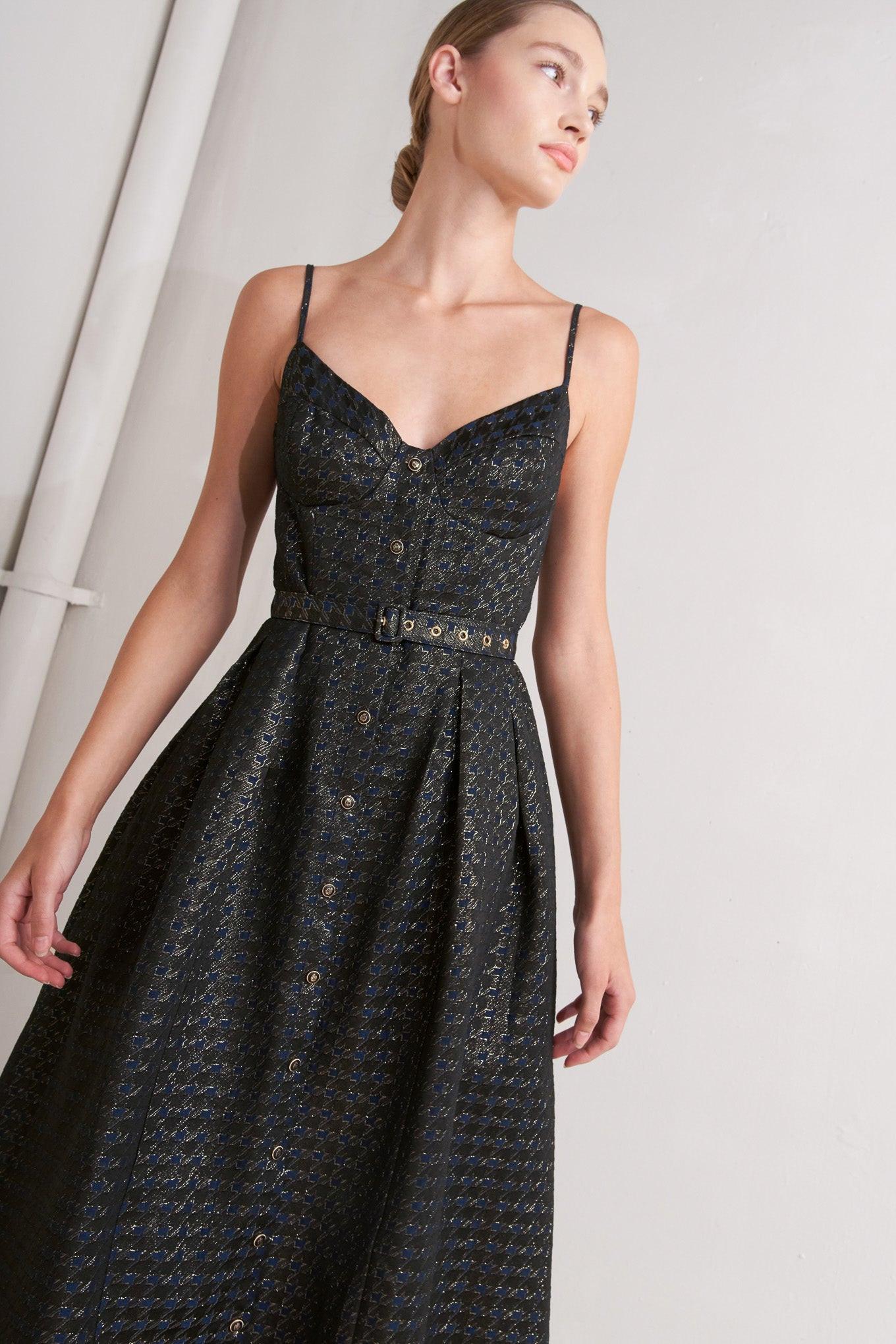 Noir Tapestry Woven Midi Dress in navy gold, view 3 — Soul Flow Apparel