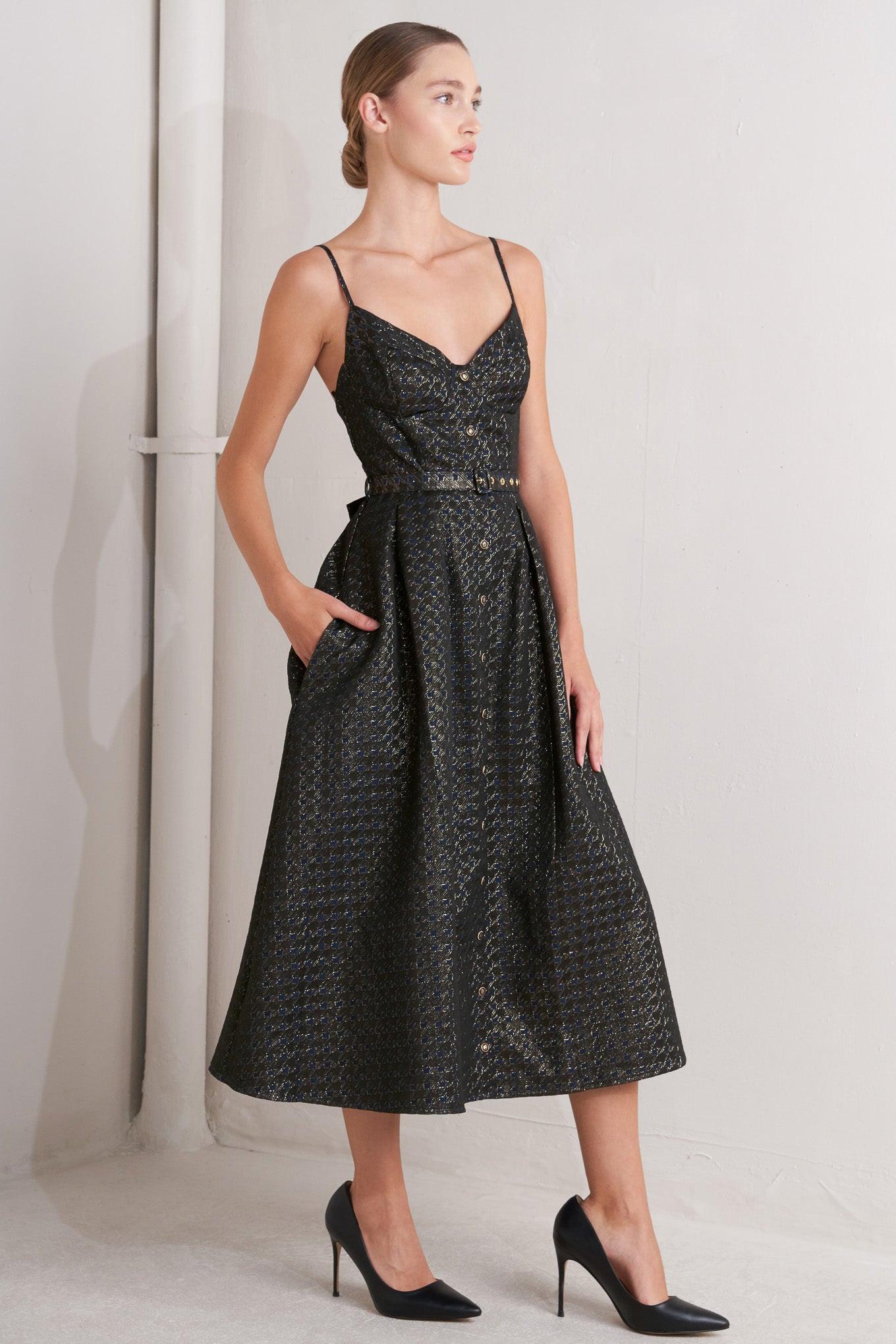 Noir Tapestry Woven Midi Dress in navy gold, view 4 — Soul Flow Apparel
