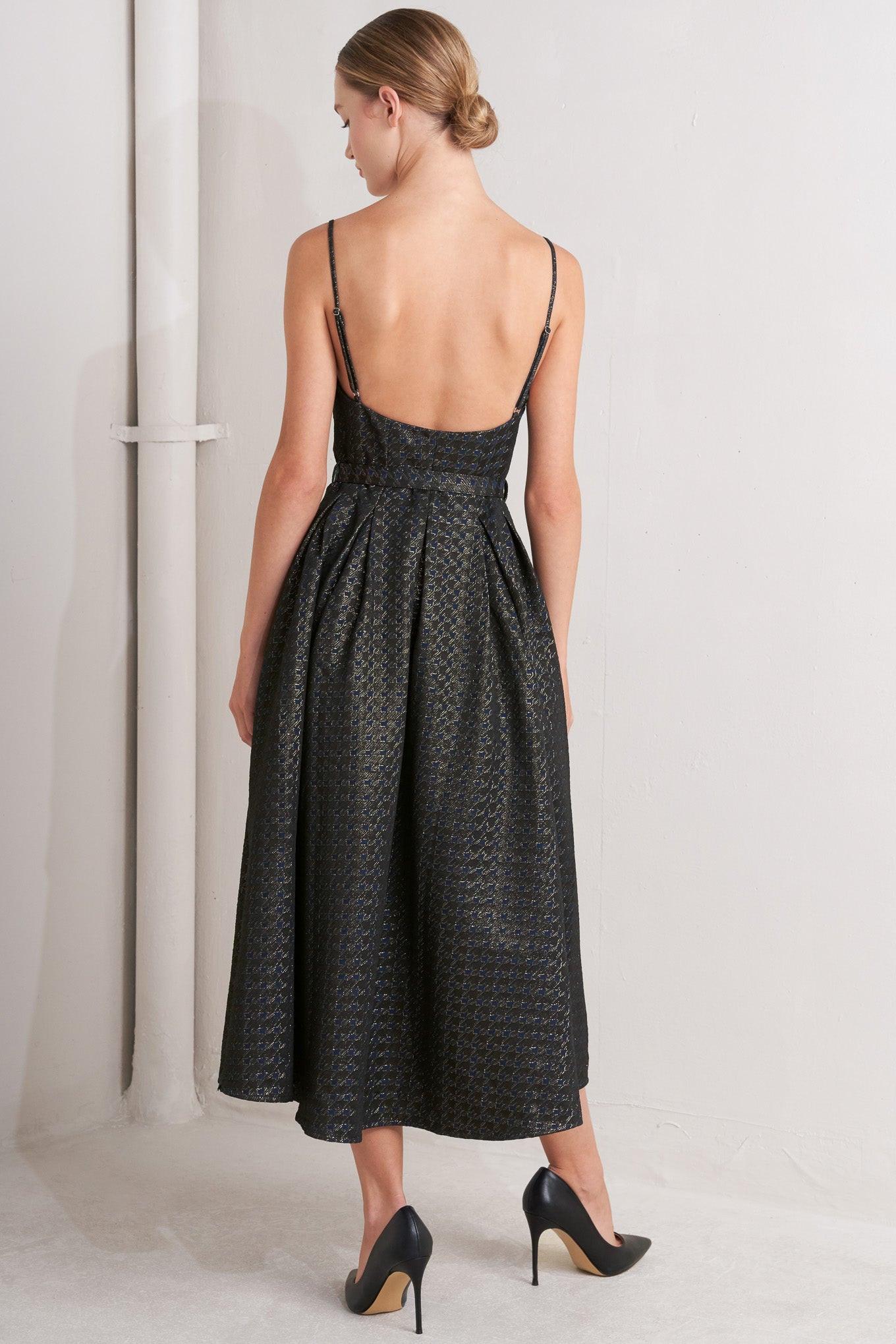 Noir Tapestry Woven Midi Dress in navy gold, view 5 — Soul Flow Apparel