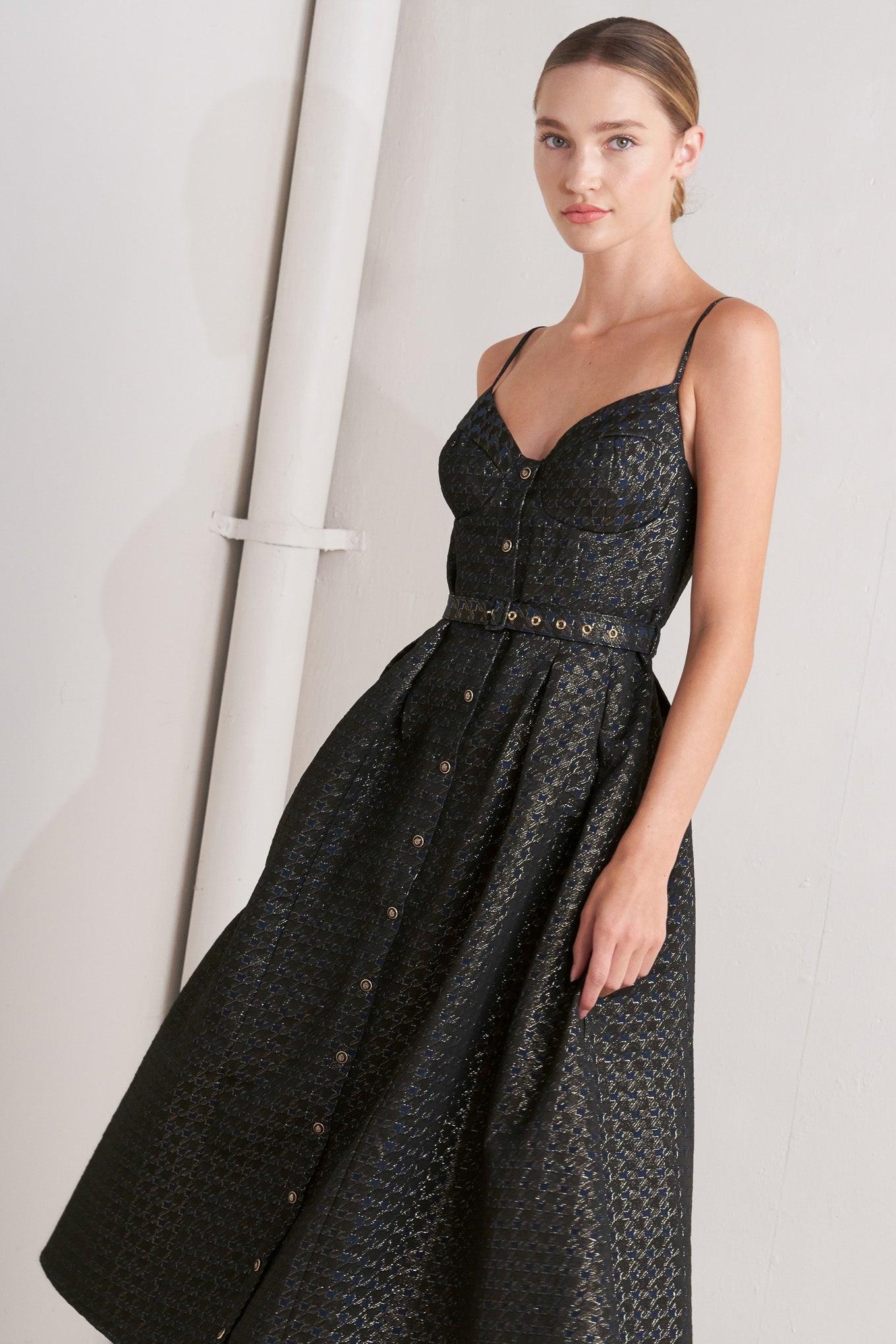 Noir Tapestry Woven Midi Dress in navy gold, view 6 — Soul Flow Apparel