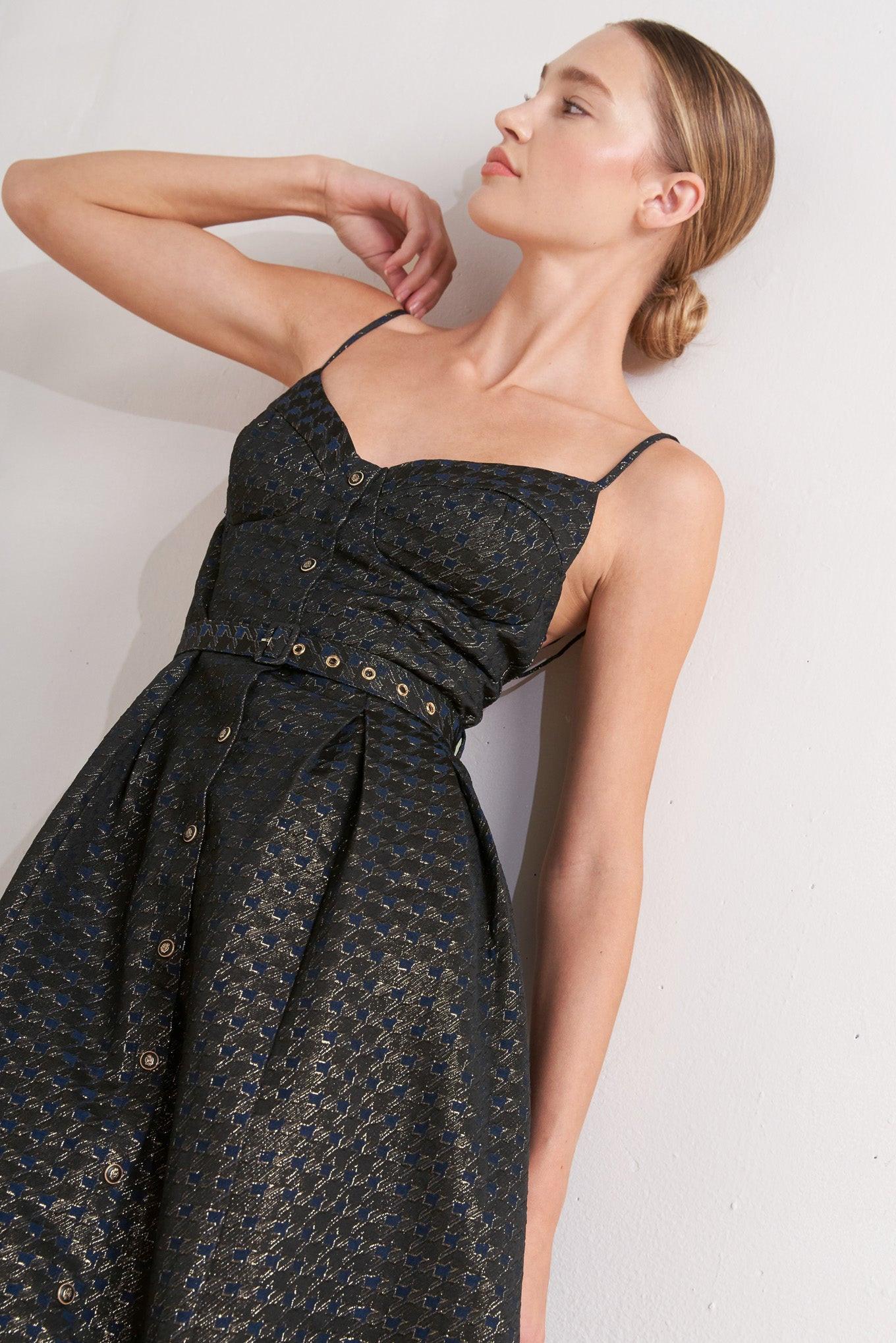 Noir Tapestry Woven Midi Dress in navy gold, view 7 — Soul Flow Apparel