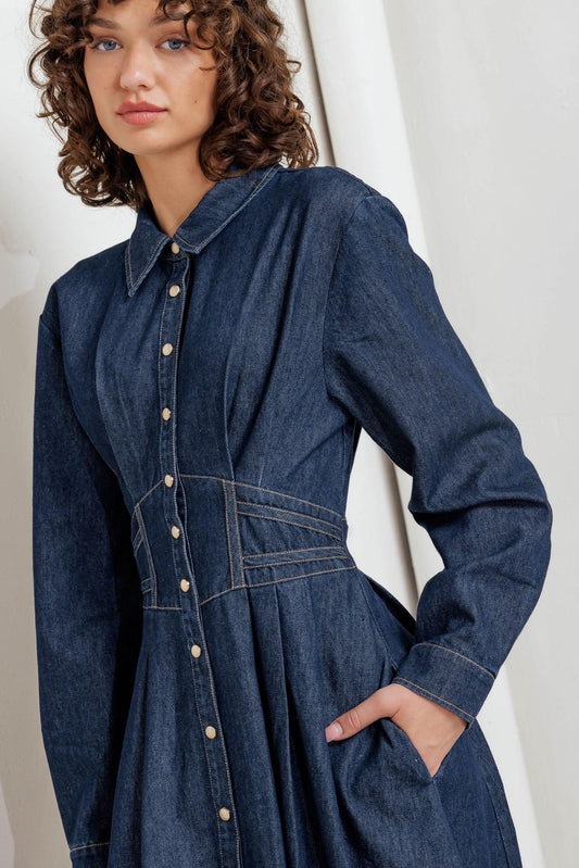 Vintage Blues Denim Midi Dress, view 3 — Soul Flow Apparel