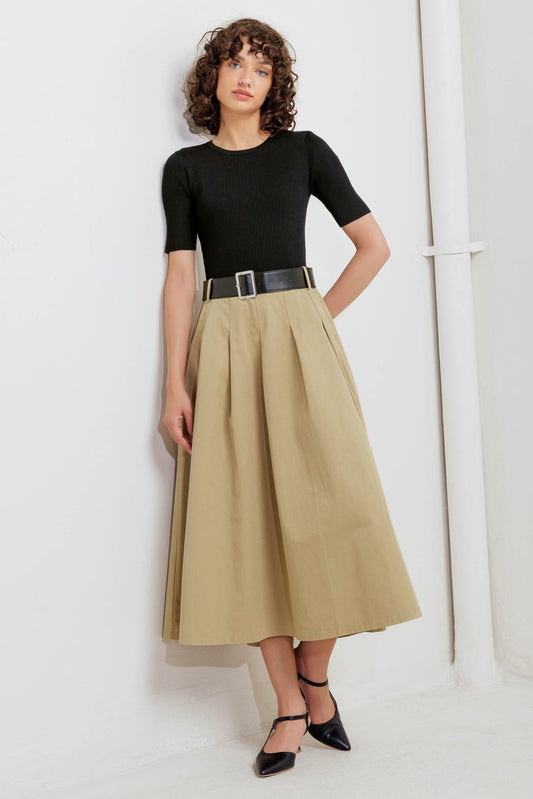 Sculpted Grace Sweater Woven Top and Skirt Dress in black taupe, view 1 — Soul Flow Apparel