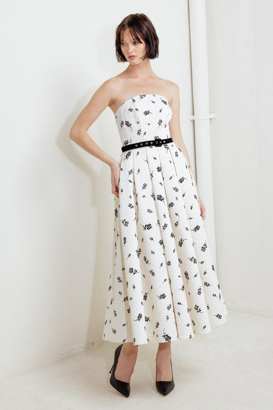 Lovely Cultivated Woven Midi Dress in cream black, view 1 — Soul Flow Apparel