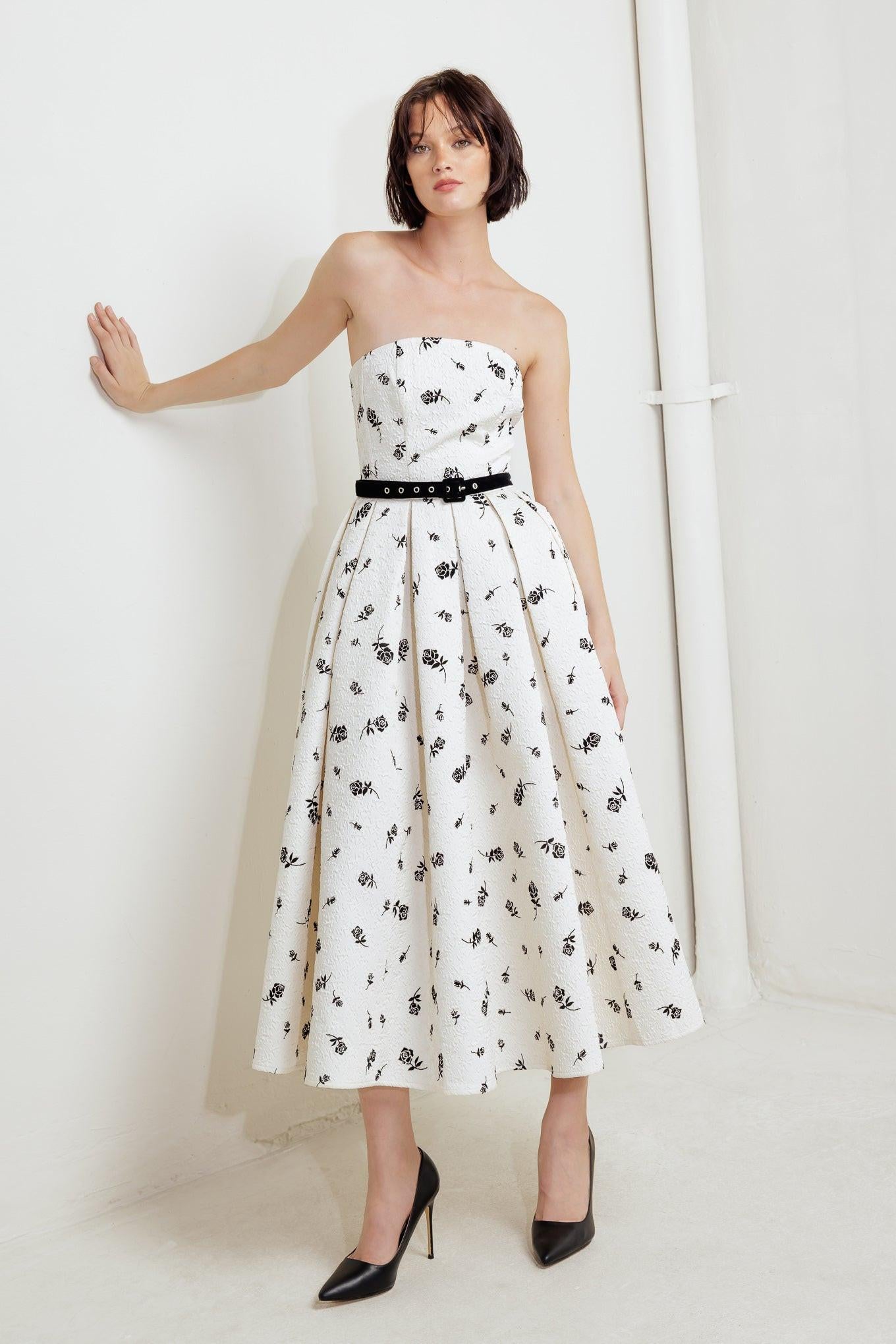 Lovely Cultivated Woven Midi Dress in cream black, view 4 — Soul Flow Apparel