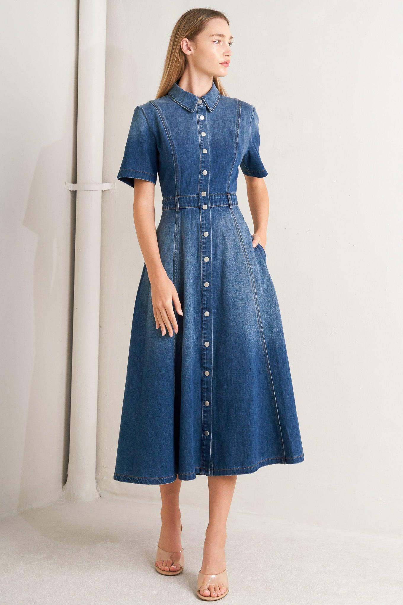 Elegant Touch Denim Midi Dress in medium, view 1 — Soul Flow Apparel