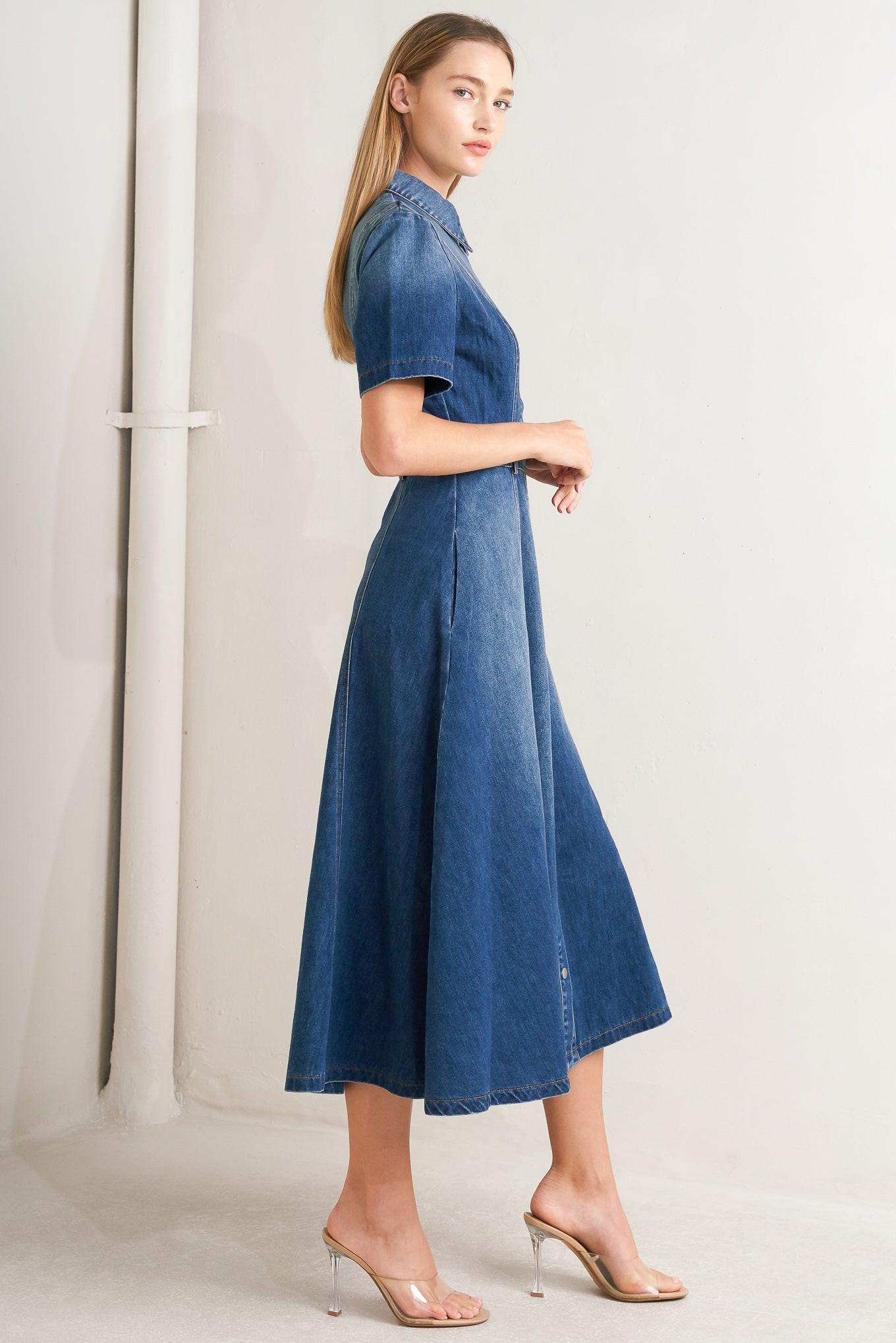 Elegant Touch Denim Midi Dress in medium, view 4 — Soul Flow Apparel