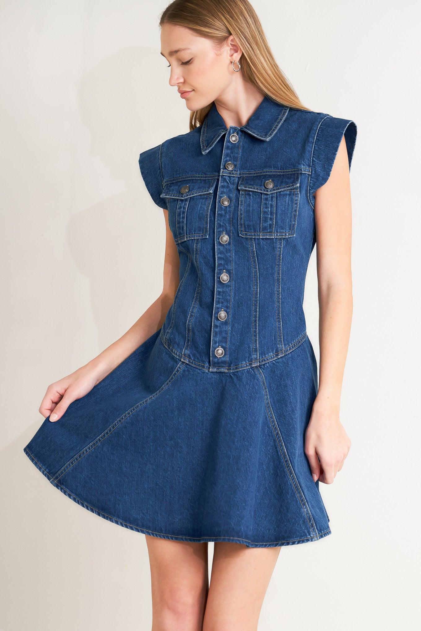 Blue Crush Denim Mini Dress in indigo, view 1 — Soul Flow Apparel