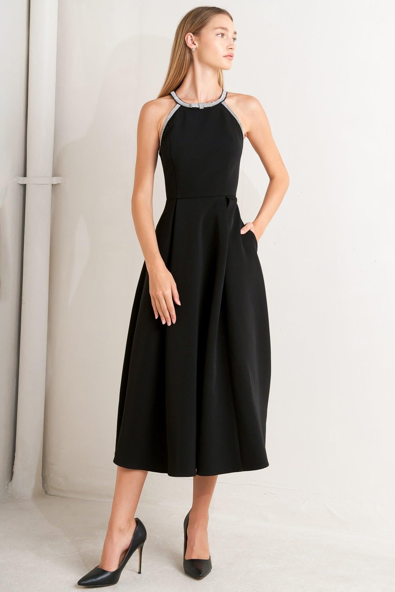Galaxy Charm Woven Midi Dress in black, view 1 — Soul Flow Apparel