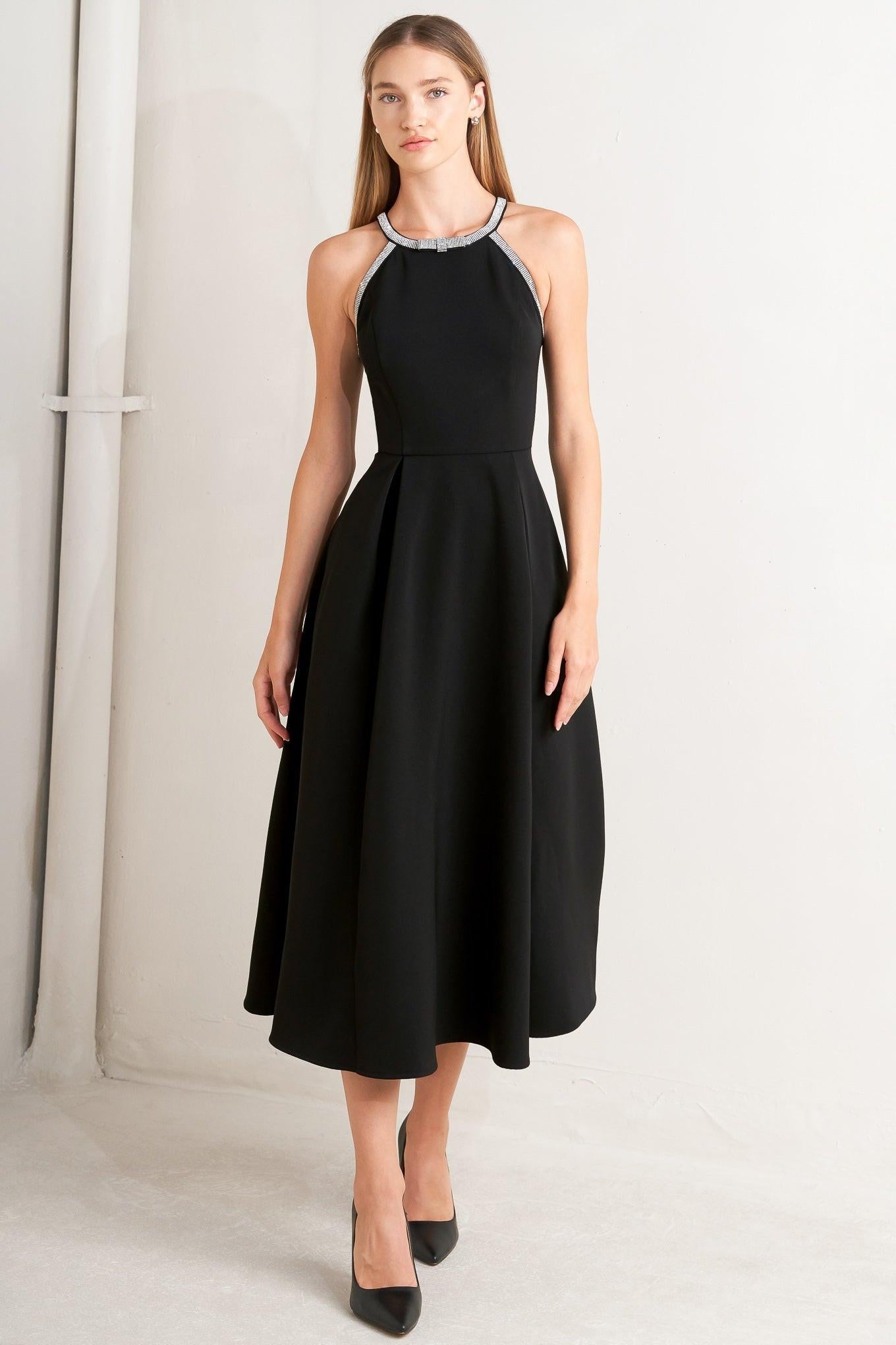 Galaxy Charm Woven Midi Dress in black, view 2 — Soul Flow Apparel