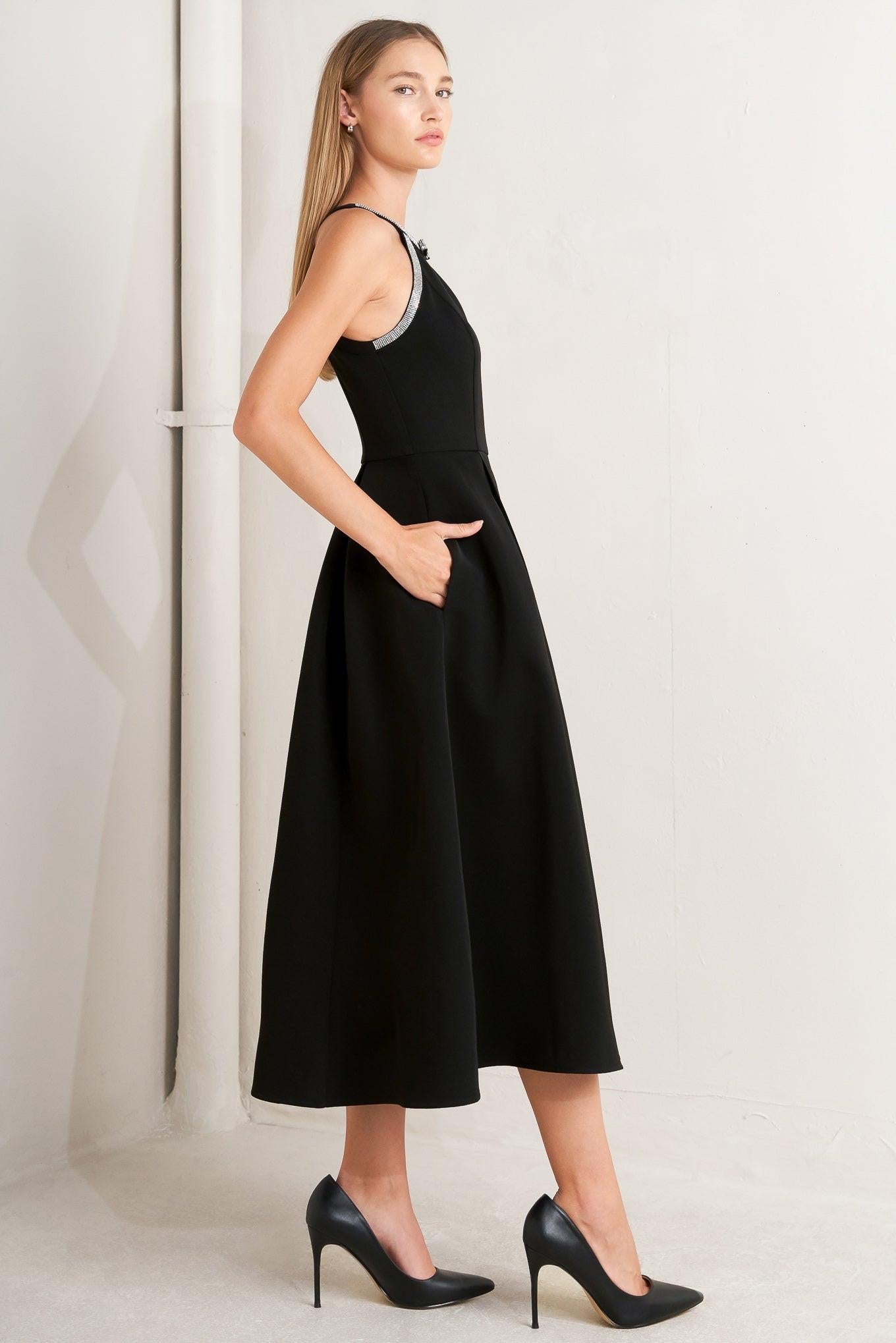 Galaxy Charm Woven Midi Dress in black, view 3 — Soul Flow Apparel