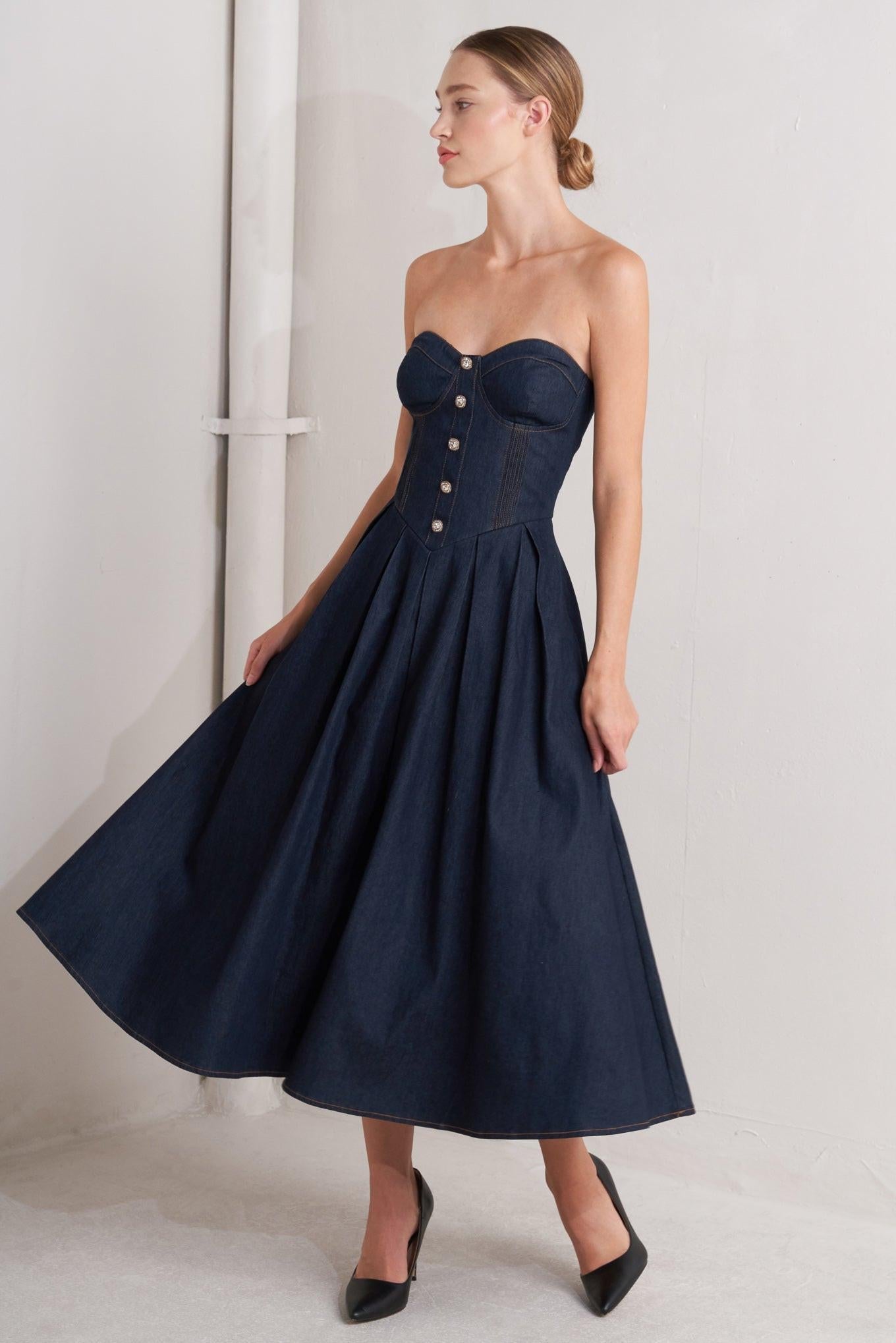 Urban Corset Denim Midi Dress in dark, view 1 — Soul Flow Apparel