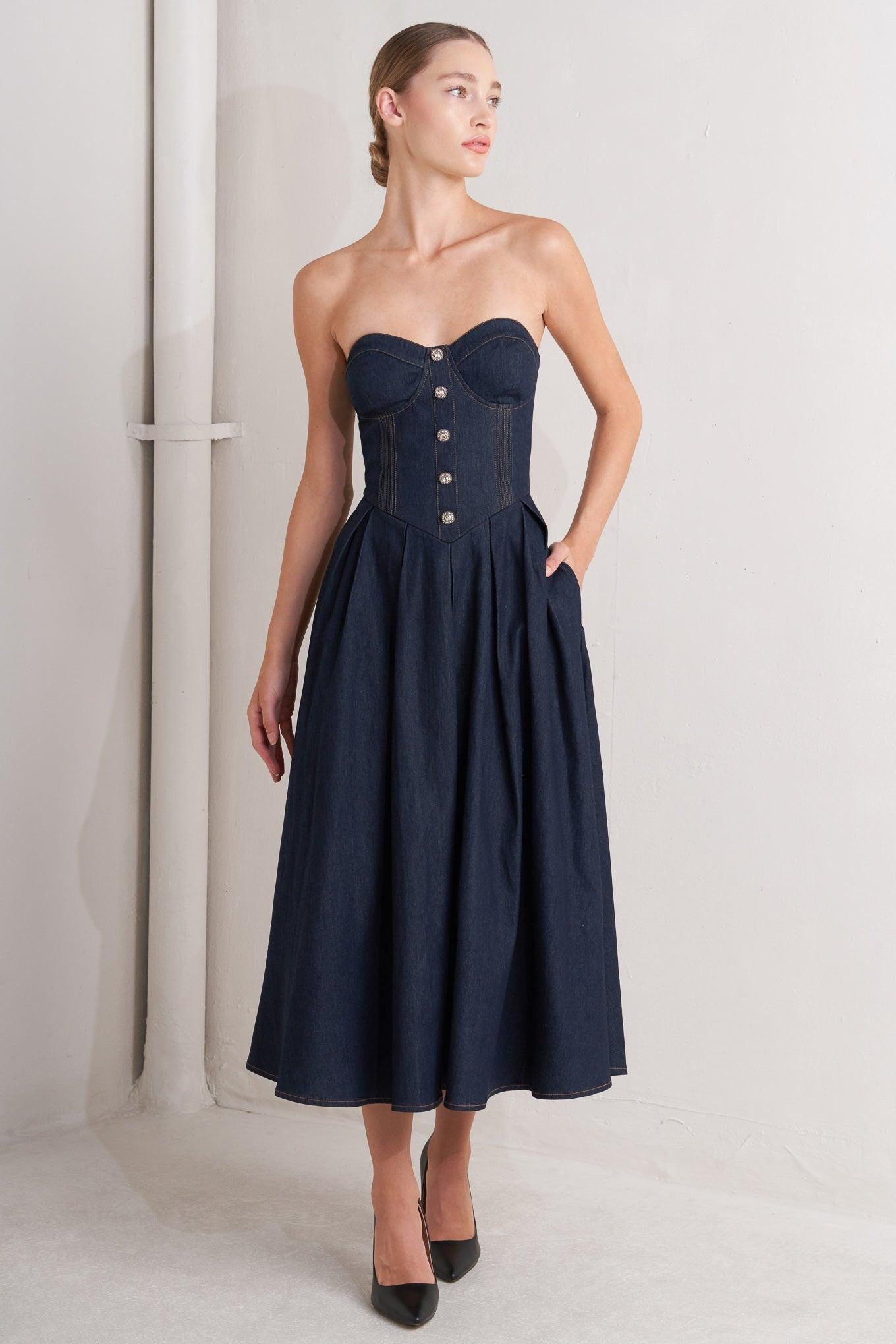 Urban Corset Denim Midi Dress in dark, view 2 — Soul Flow Apparel