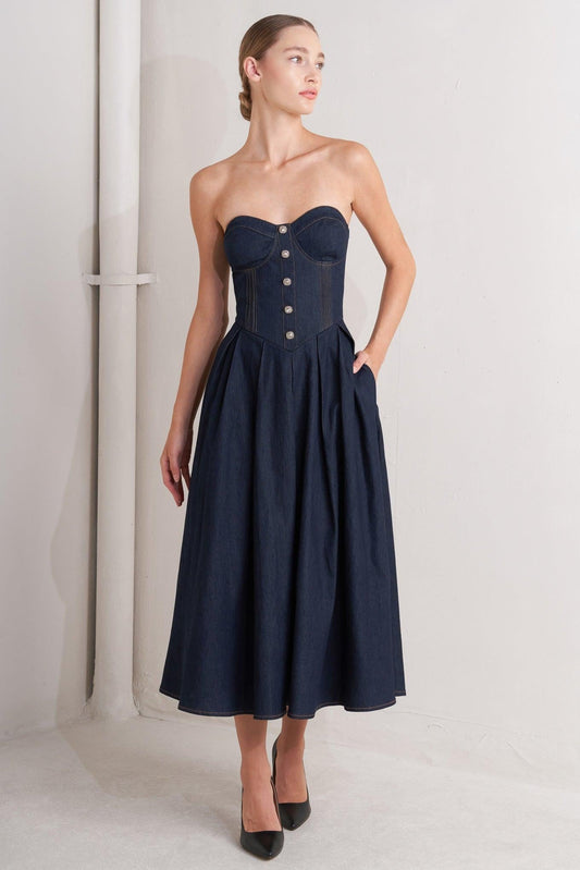 Urban Corset Denim Midi Dress in dark, view 2 — Soul Flow Apparel