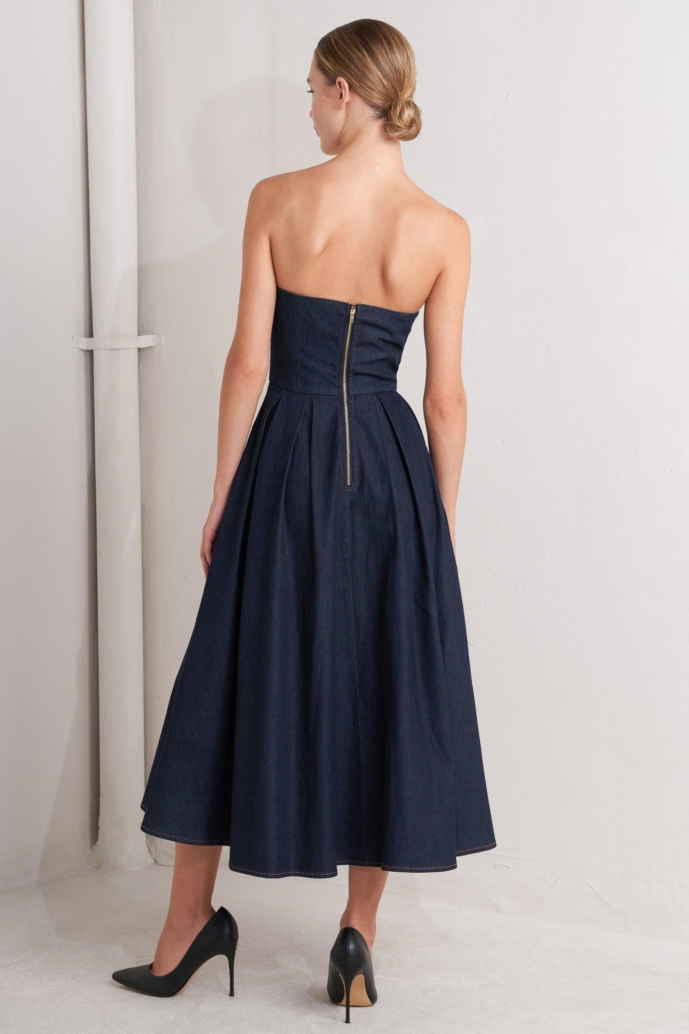 Urban Corset Denim Midi Dress in dark, view 4 — Soul Flow Apparel