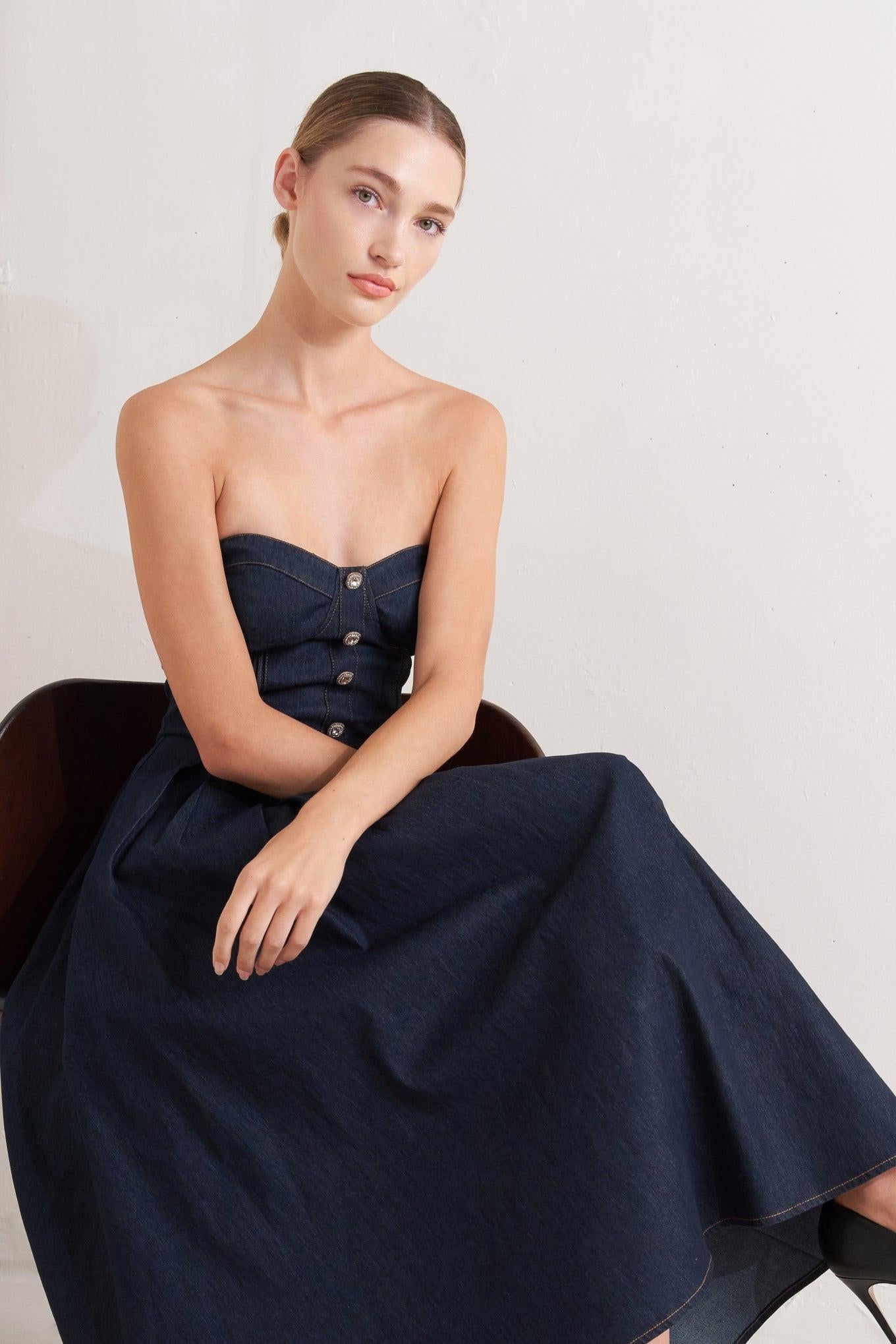 Urban Corset Denim Midi Dress in dark, view 5 — Soul Flow Apparel