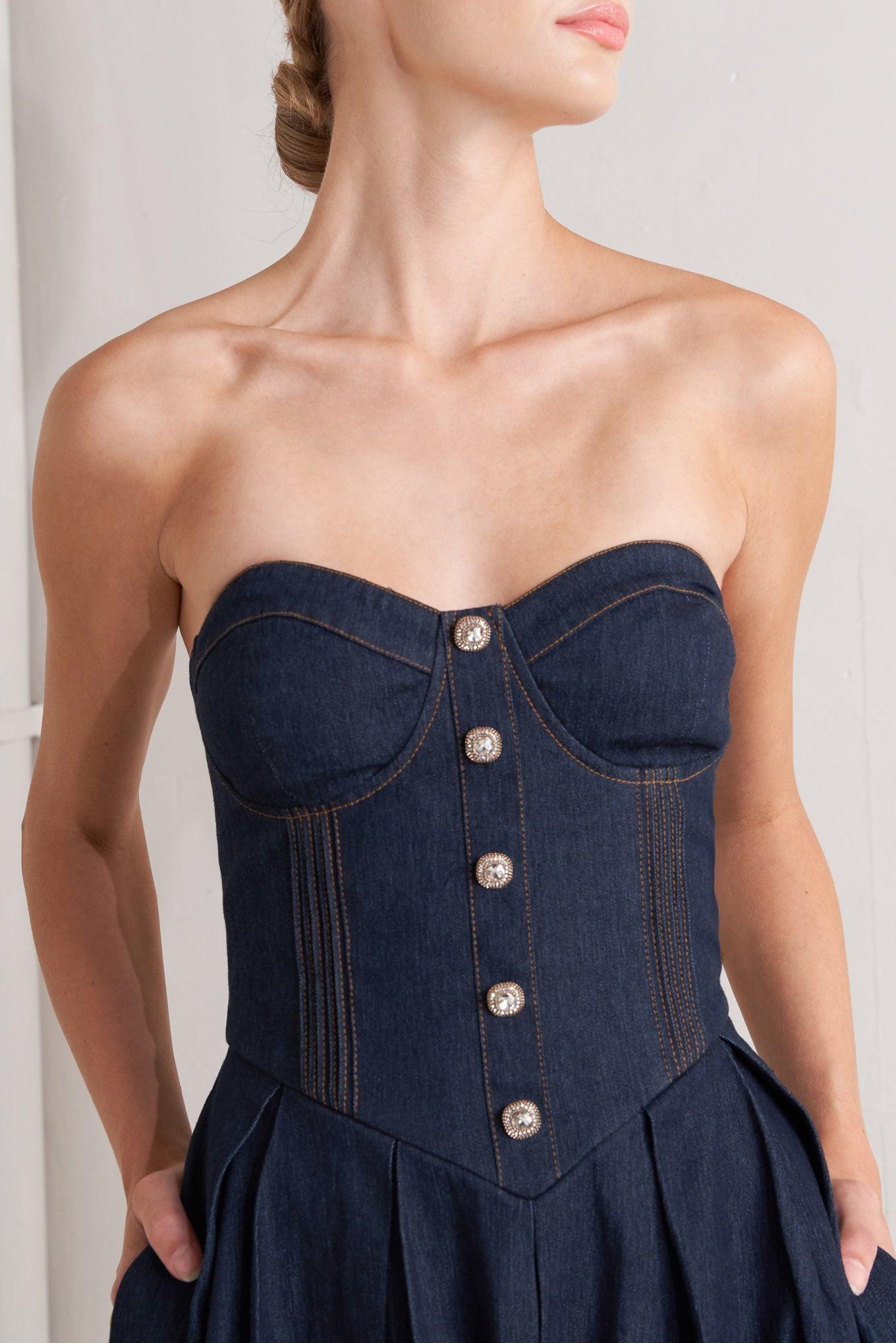 Urban Corset Denim Midi Dress in dark, view 7 — Soul Flow Apparel