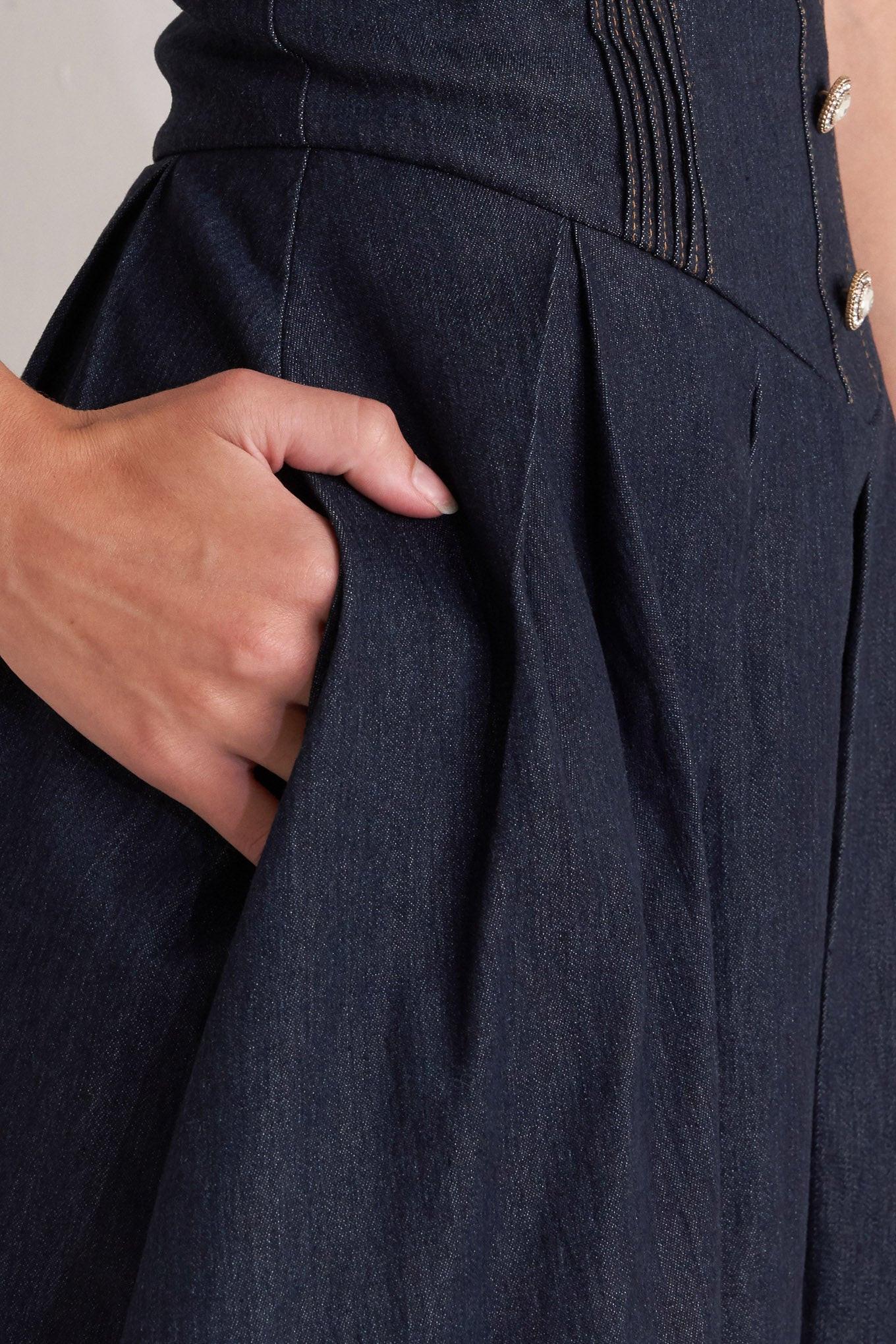 Urban Corset Denim Midi Dress in dark, view 8 — Soul Flow Apparel