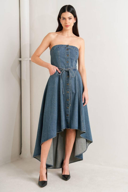 Midnight Volume Denim Midi Dress in medium indigo, view 1 — Soul Flow Apparel