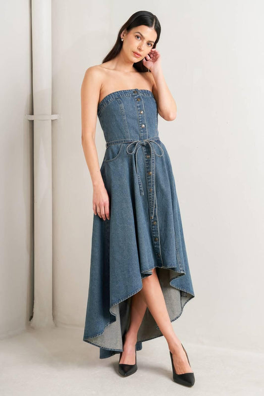 Midnight Volume Denim Midi Dress in medium indigo, view 2 — Soul Flow Apparel