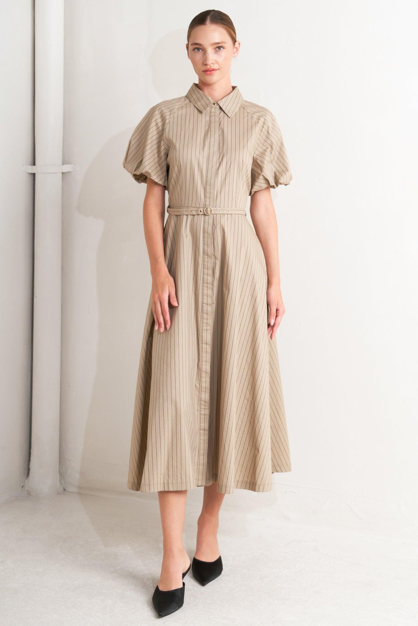 Classic Neutral Woven Midi Dress in taupe, view 1 — Soul Flow Apparel