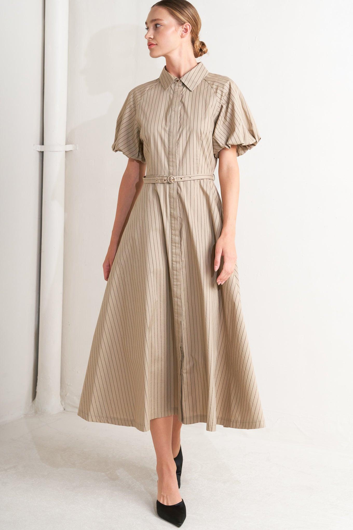 Classic Neutral Woven Midi Dress in taupe, view 3 — Soul Flow Apparel