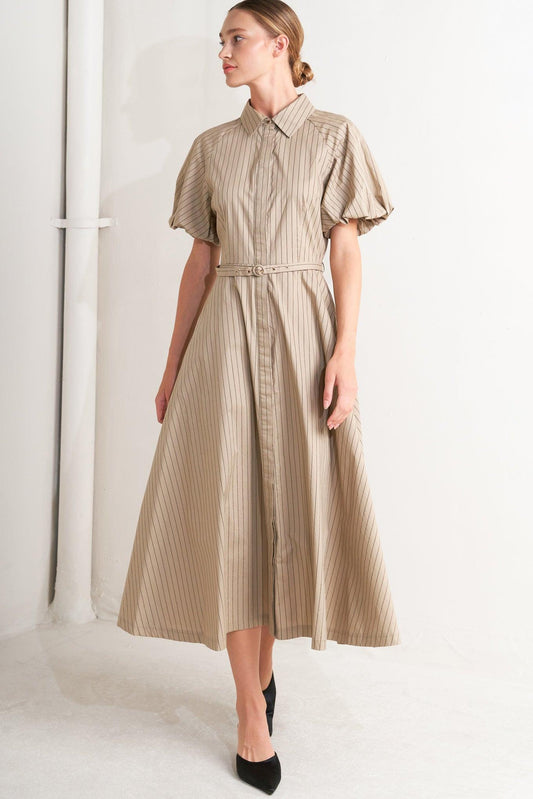 Classic Neutral Woven Midi Dress in taupe, view 3 — Soul Flow Apparel