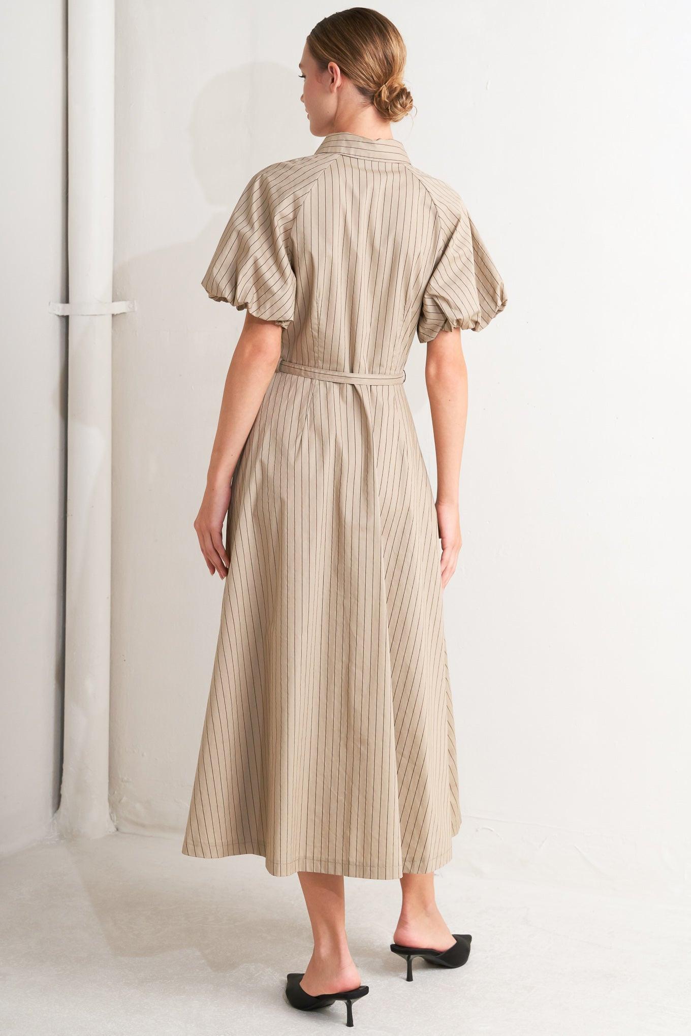 Classic Neutral Woven Midi Dress in taupe, view 4 — Soul Flow Apparel
