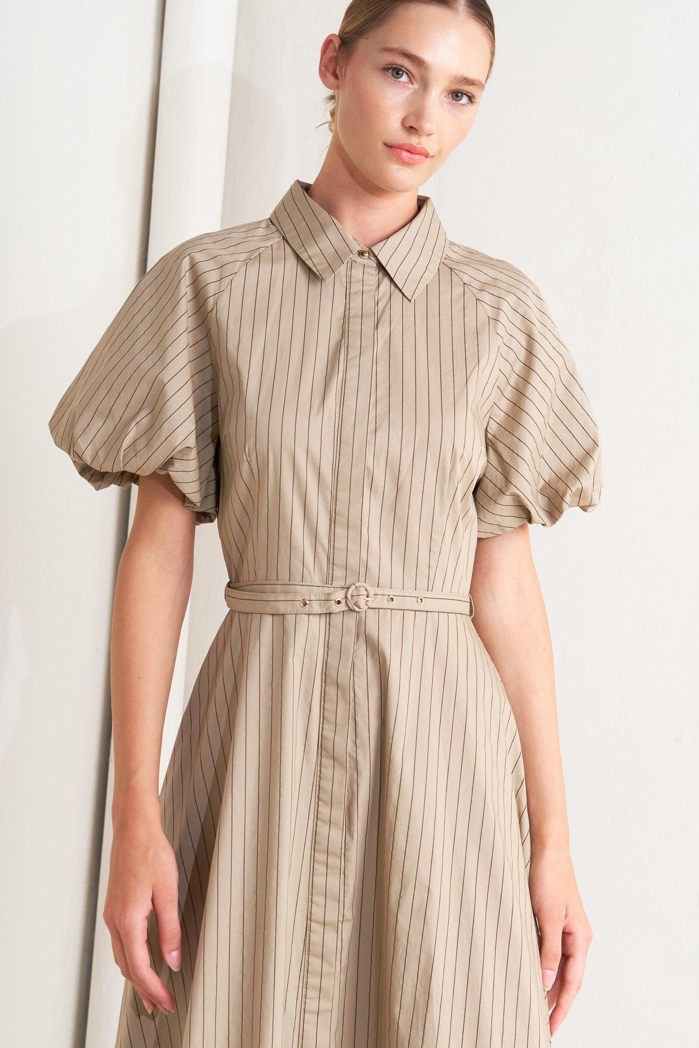 Classic Neutral Woven Midi Dress in taupe, view 5 — Soul Flow Apparel