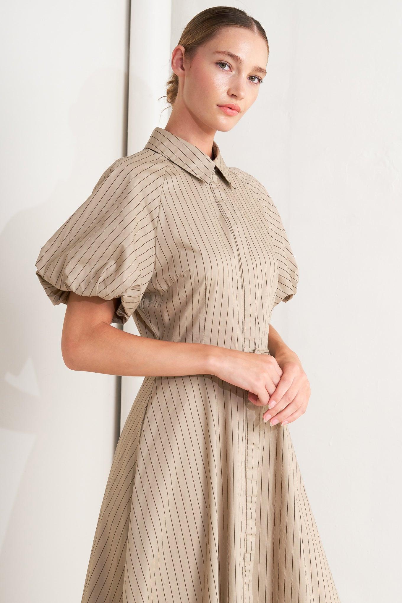 Classic Neutral Woven Midi Dress in taupe, view 7 — Soul Flow Apparel