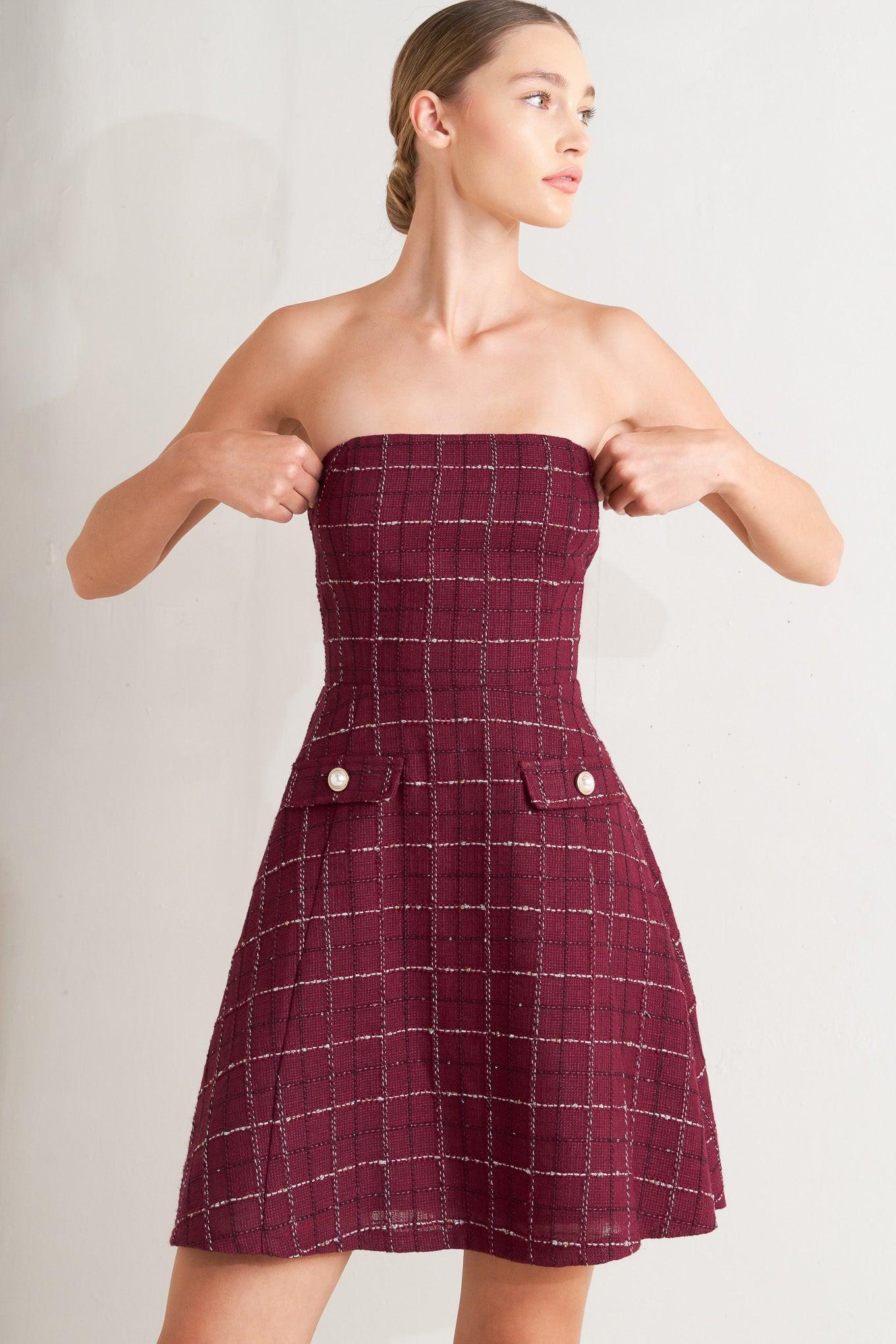 Tweed Doll Wine Woven Mini Dress, view 3 — Soul Flow Apparel