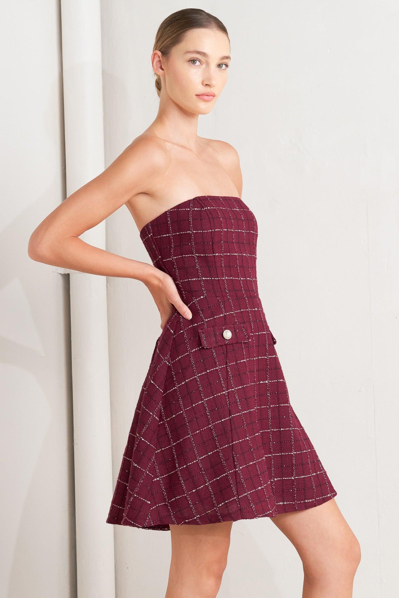 Tweed Doll Wine Woven Mini Dress, view 4 — Soul Flow Apparel