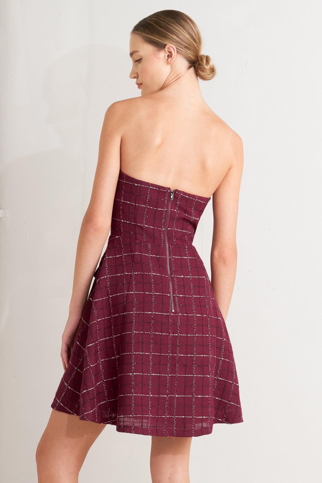 Tweed Doll Wine Woven Mini Dress, view 5 — Soul Flow Apparel