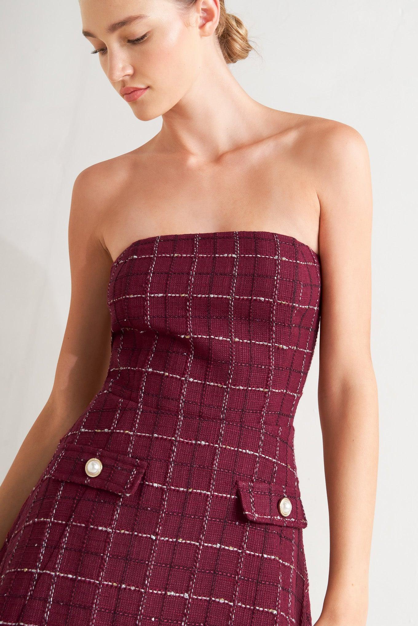 Tweed Doll Wine Woven Mini Dress, view 6 — Soul Flow Apparel