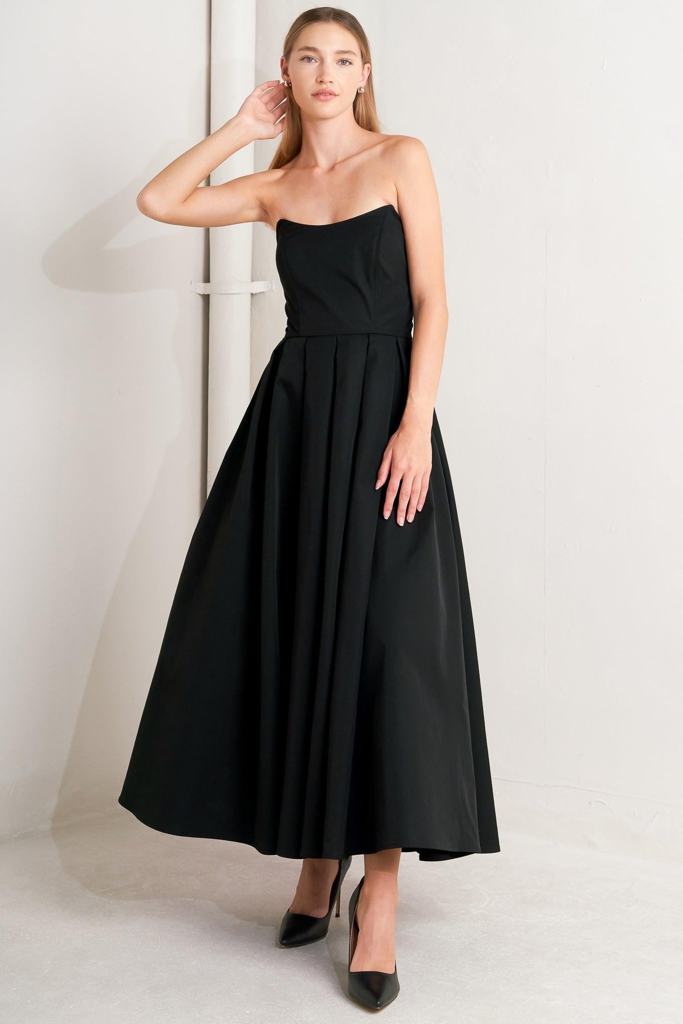 Gala Noir Woven Midi Dress in black, view 1 — Soul Flow Apparel