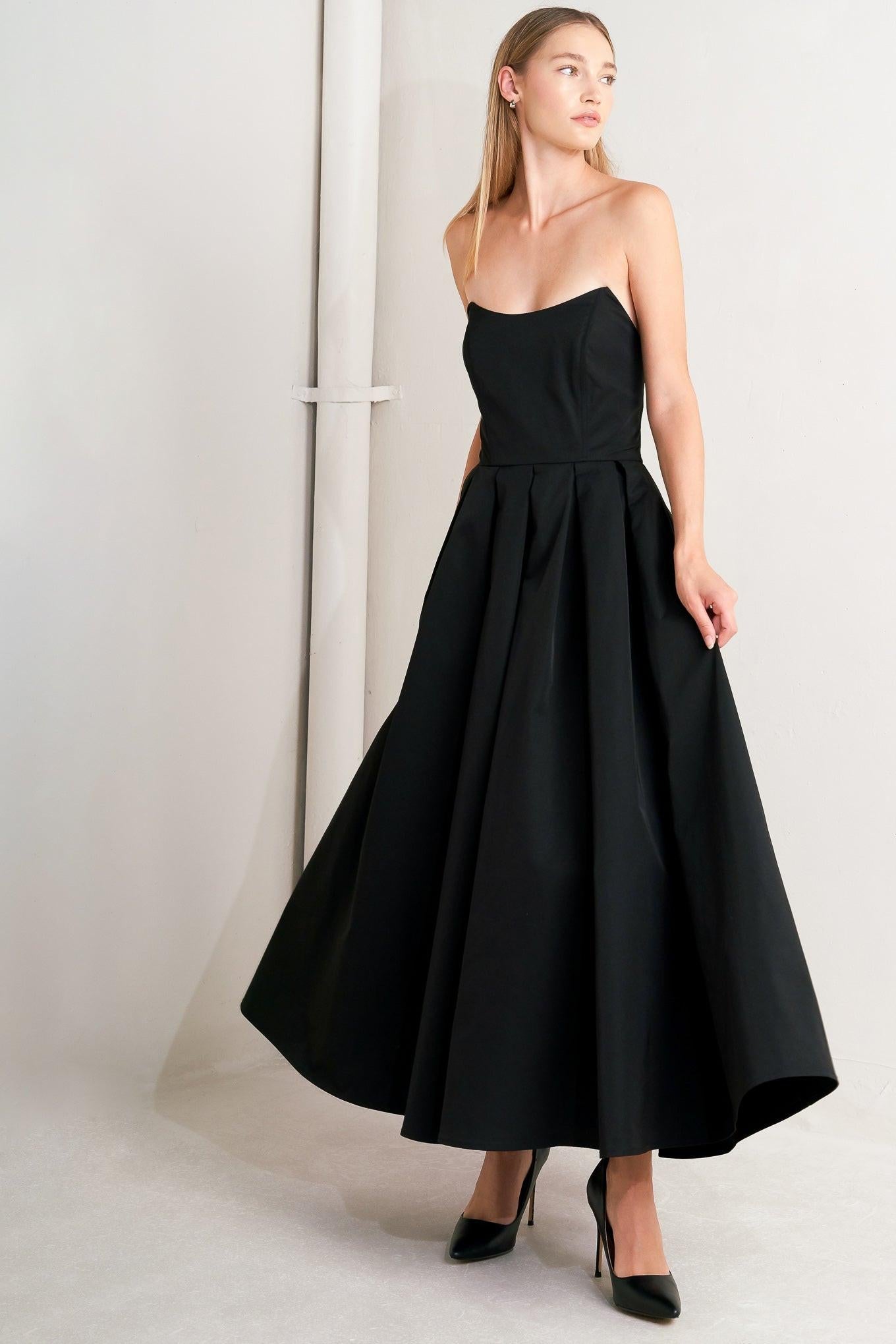 Gala Noir Woven Midi Dress in black, view 2 — Soul Flow Apparel