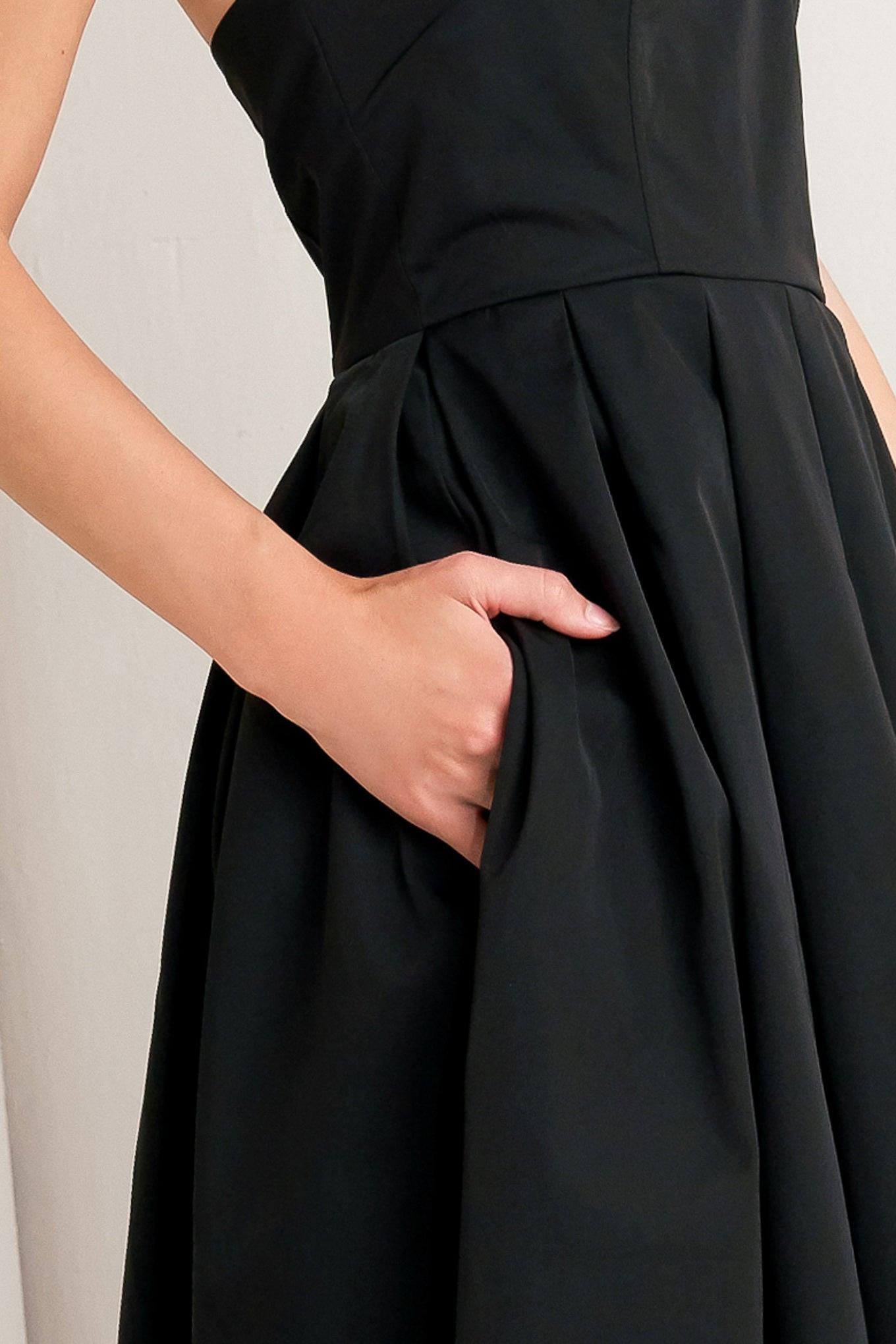 Gala Noir Woven Midi Dress in black, view 7 — Soul Flow Apparel