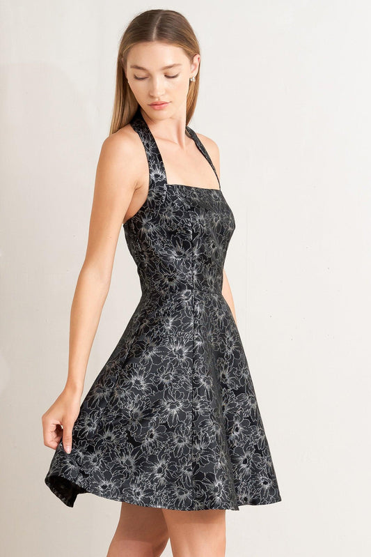 Mystic Hour Woven Jacquard Mini Dress in black silver, view 7 — Soul Flow Apparel
