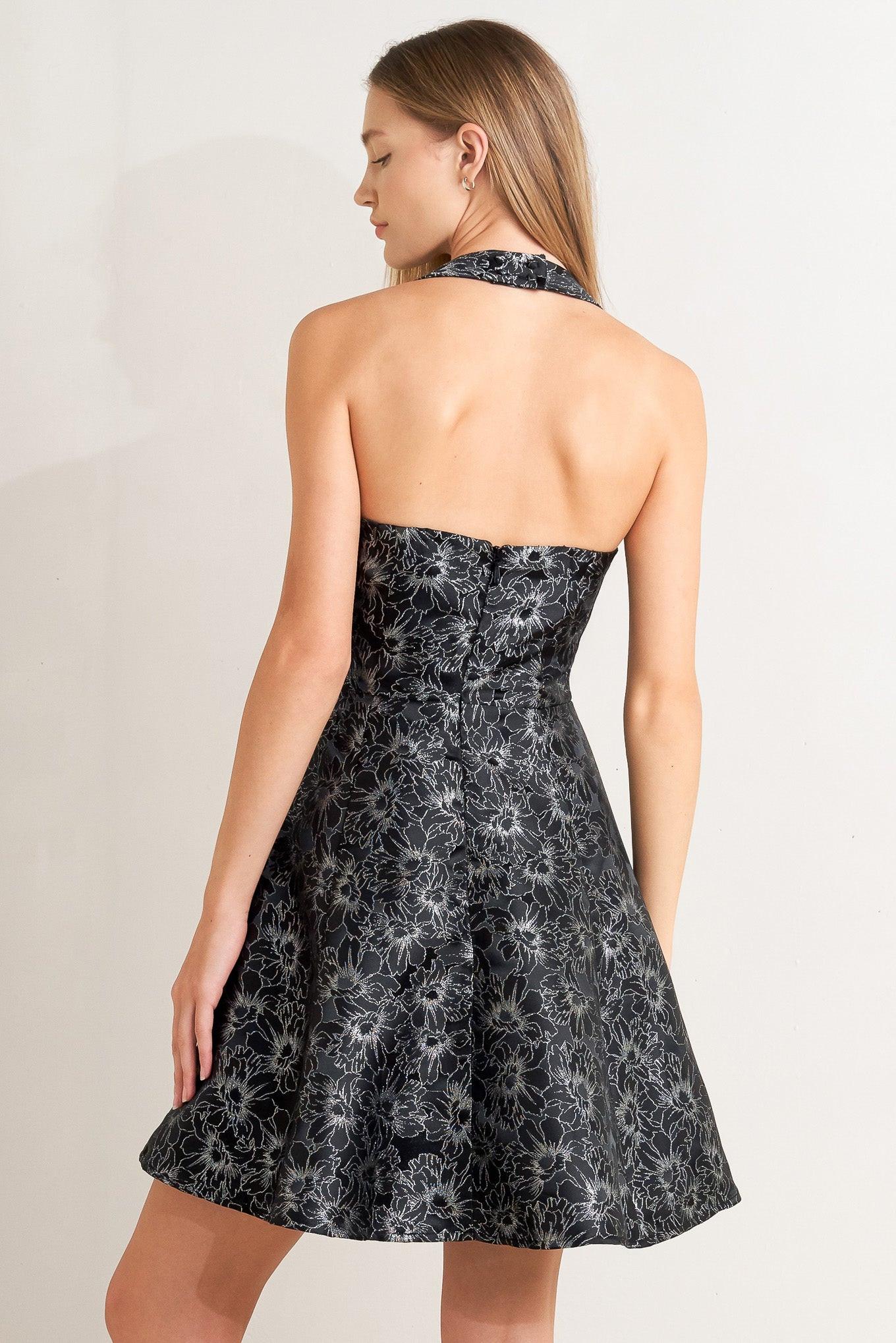 Mystic Hour Woven Jacquard Mini Dress in black silver, view 8 — Soul Flow Apparel