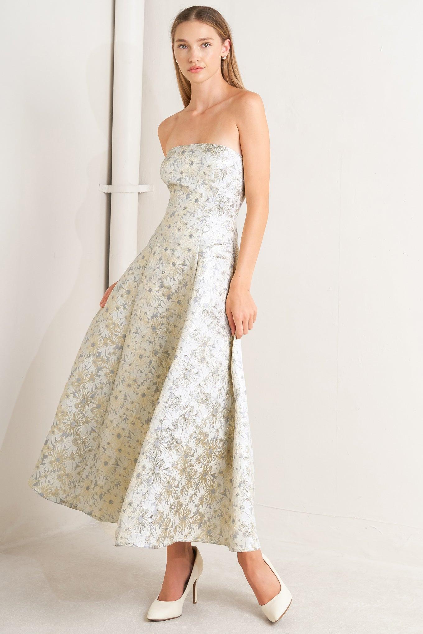 Pastel Bloom Woven Jacquard Midi Dress in cream gold, view 1 — Soul Flow Apparel