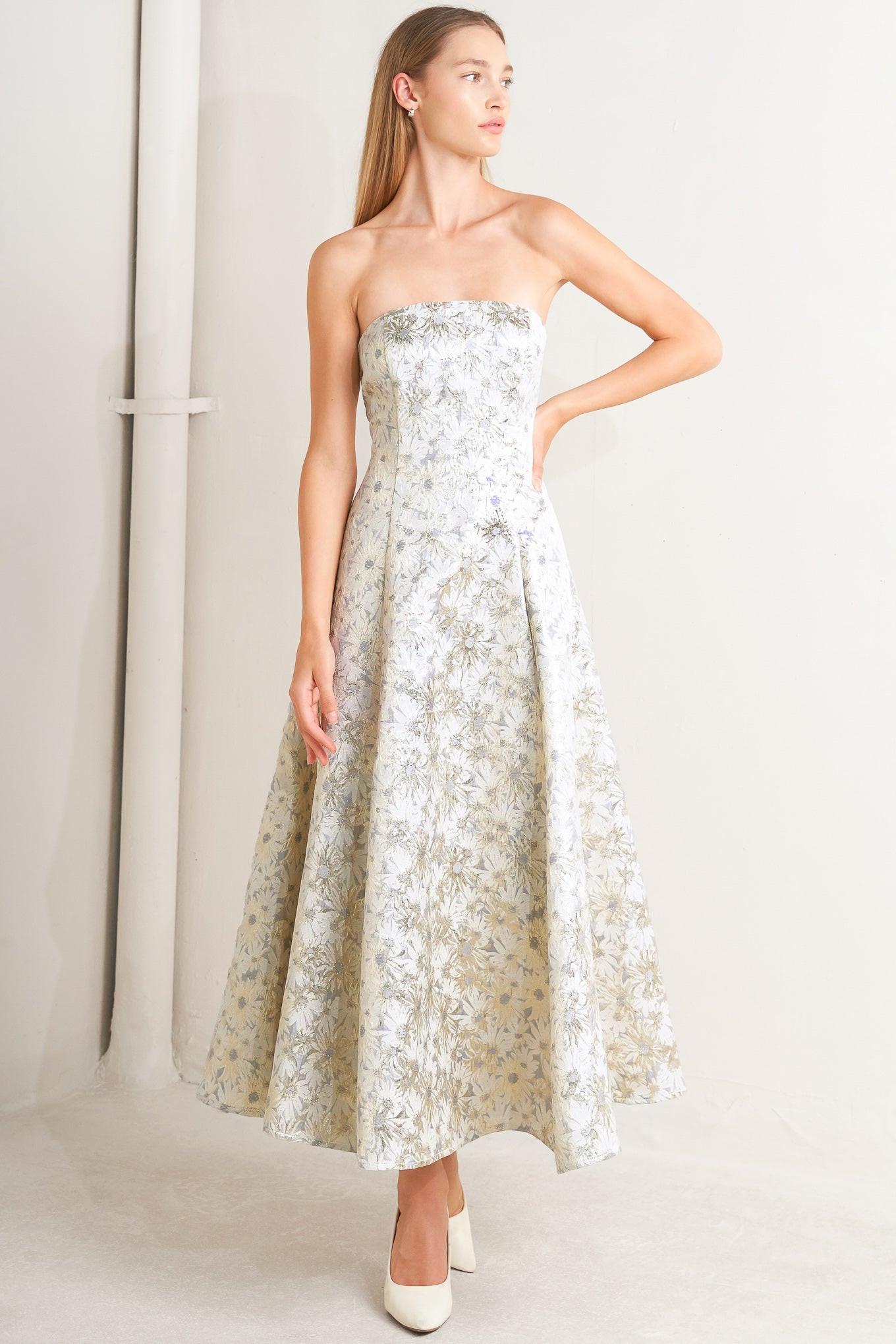 Pastel Bloom Woven Jacquard Midi Dress in cream gold, view 2 — Soul Flow Apparel