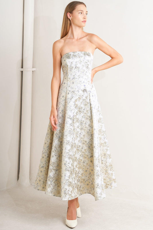 Pastel Bloom Woven Jacquard Midi Dress in cream gold, view 2 — Soul Flow Apparel